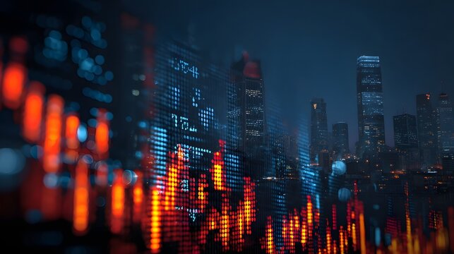 Dynamic red and blue financial candlestick charts dominate the foreground, with the blurry lights of a modern city skyline visible in the background.