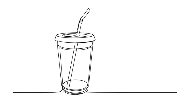 Minimalist single line drawing of a transparent plastic cup with straw and lid, isolated on white background.