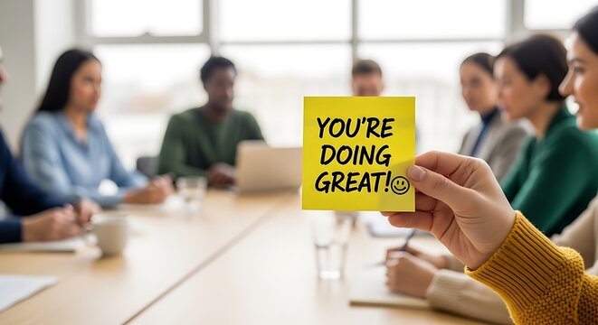 Positive feedback sticky note held by a hand in a bright office during a team meeting with beautiful bokeh. This is ideal for employee engagement articles and leadership training presentations.