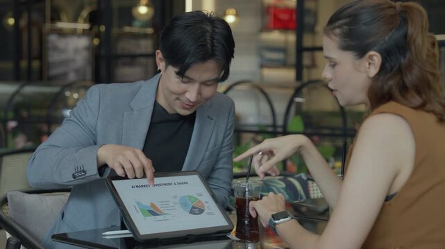 Business marketing strategy model ai teamwork meeting tablet analytics presentation guide in cafe as consultant explains data chart and market plan for growth, planning alignment with client