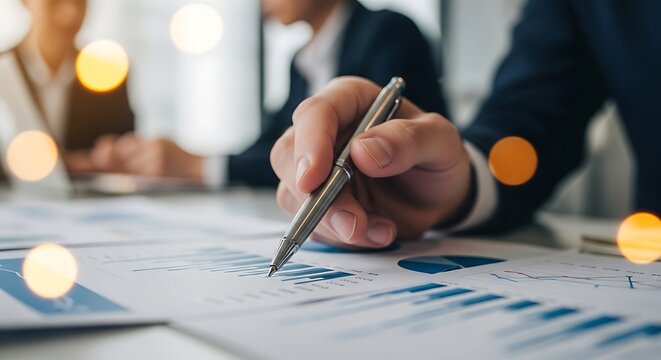 Financial analyst hand holding silver pen over bar graphs during corporate meeting. Sharp focus on paper with beautiful warm bokeh lights. Perfect for investment banking landing pages.