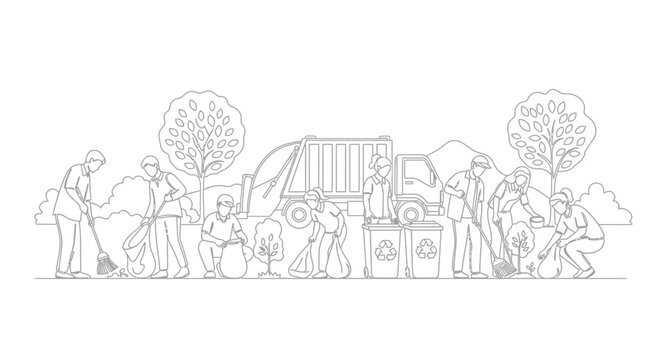 Community planting trees and cleaning park with recycling bins and garbage truck