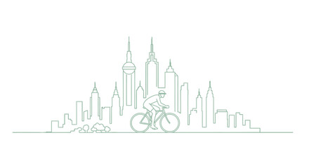 Fototapeta premium Cyclist Riding Bicycle Silhouette Against Modern City Skyline Outline, Urban Lifestyle