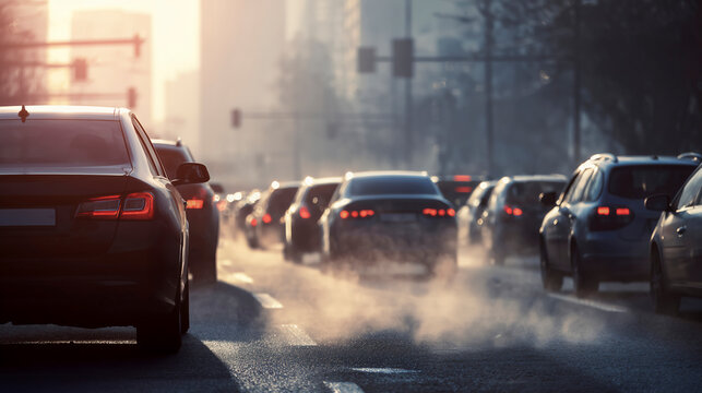 Cars Idling in Heavy Traffic on a Hazy City Street, Emitting Exhaust Fumes