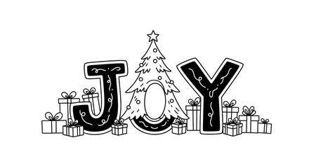 Hand drawn Christmas greeting design with JOY lettering and gifts. © Watirah_Martodimejo