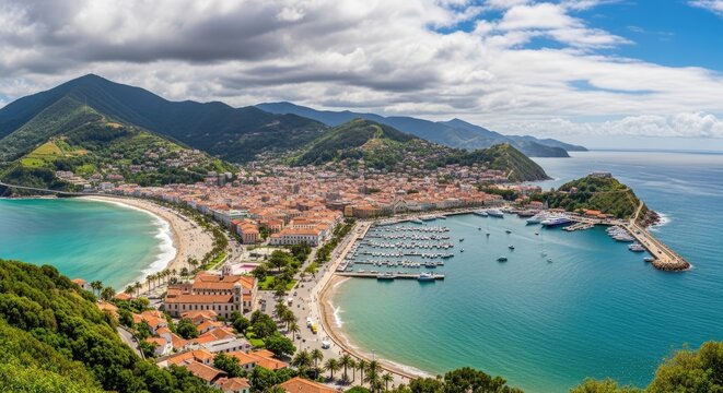 Aerial view of Sestri Levante town and bays in Italy