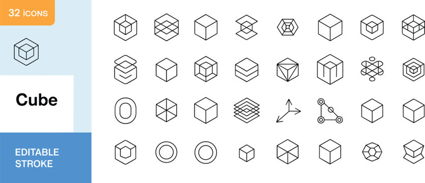 Set of thirty-two cube line icons, wireframe cubes, layered designs, divided structures, hexagon combinations, and geometric visualization symbols