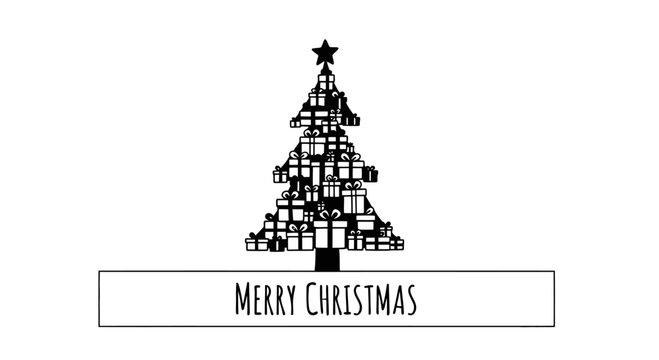 Black and white graphic of a Christmas tree made from gift boxes.