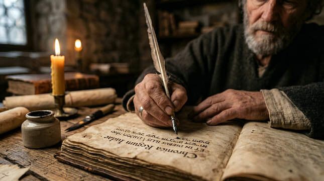 real man writer hand writes in old book with quill pen, Biblical times concept of ancient scribe chronicle.