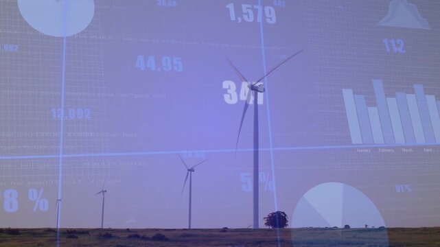 Data overlay fading in, starting number updates while turbines rotating, showing wind output