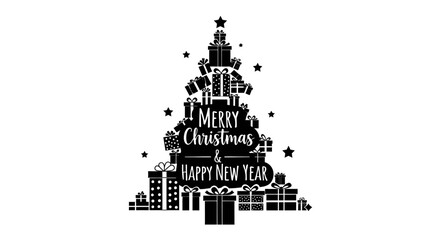 Naklejka premium Black silhouette Christmas tree made of gift boxes with Merry Christmas text.