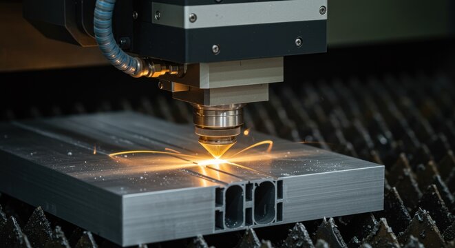 Laser cutting machine processing metal sheet with sparks in industrial workshop
