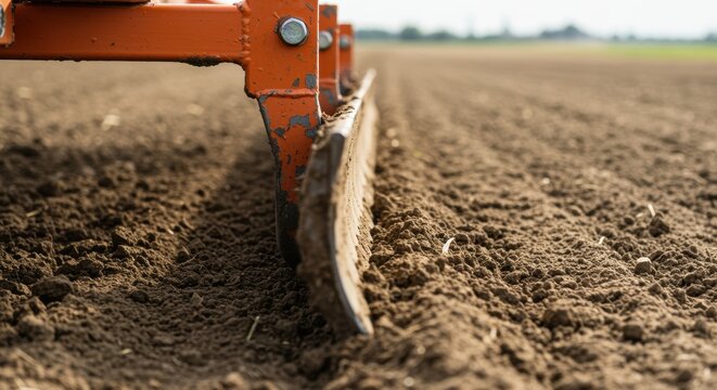 Soil tiller cultivator preparing field for planting close up agricultural equipment