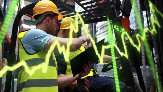 Lead pointing clipboard and checking operator using forklift controls in warehouse, overlay rising