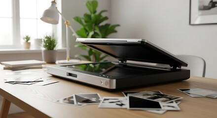 Fototapeta premium Flatbed image scanner sits open on a bright wooden desk surrounded by printed pictures. Soft natural light creates a professional atmosphere. Ideal for photography service website banners.