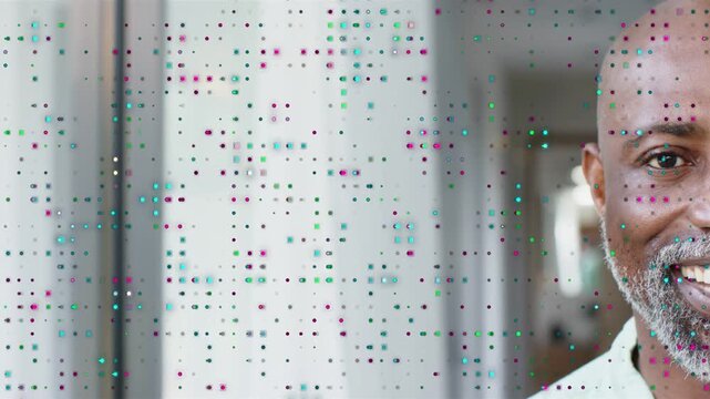 Mature man leaning into hall, dot overlay scattering, revealing smile, causing laugh for design