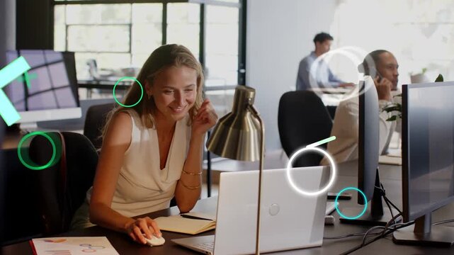 Woman moving folder then clicking mouse at business desk, animated turquoise shapes marking content