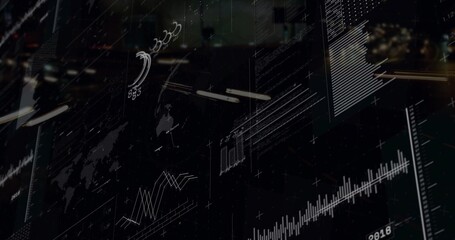 Displaying digital dashboard showing overlaid charts in trading terminal, with numeric label 2018 © vectorfusionart
