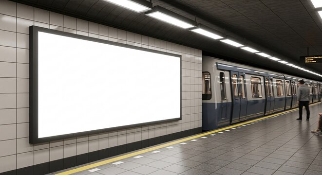 Blank advertising display in subway station with train and people