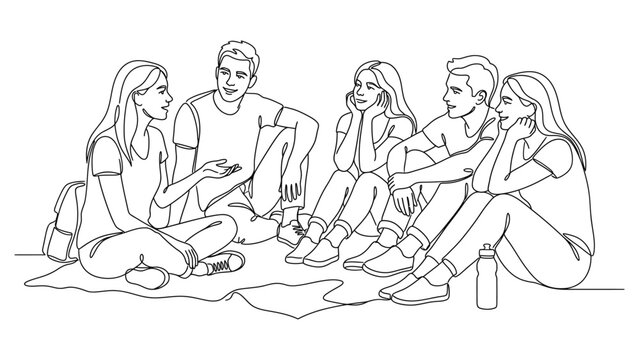 Group of young friends sitting together outdoors.