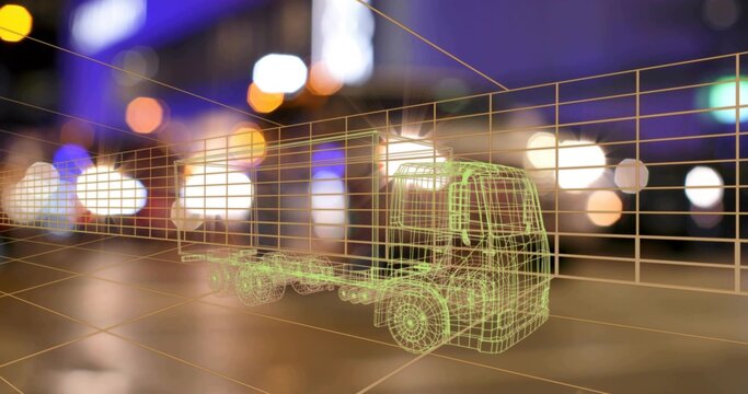 Displaying neon-green wireframe tractor-trailer over orange perspective grid with blue amber bokeh