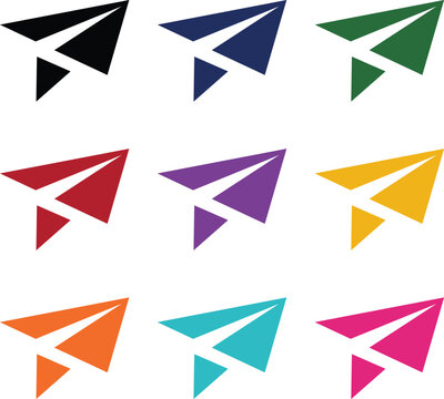 Paper plane icon set in nine colors, flat style communication and message symbol collection.