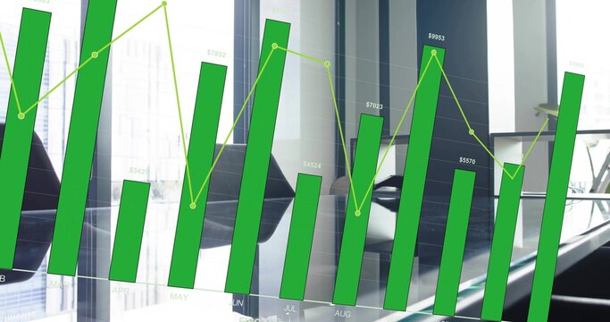 Overlaying financial chart over glass conference table with green bars, lime line, currency labels