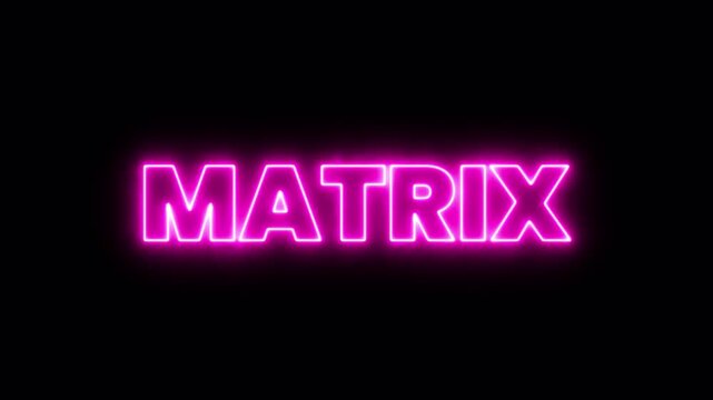 glowing neon matrix text animation on black background futuristic digital style vibrant pink light typography loop 4k video