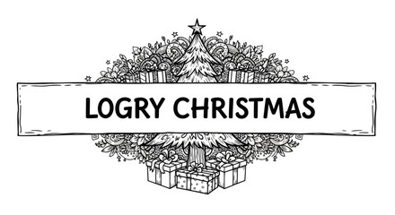 Hand drawn Christmas greeting card design with text banner and pine tree. © Watirah_Martodimejo