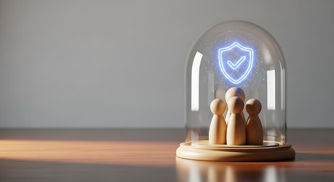 Wooden figures stand under a glass cloche protected by a glowing blue security shield icon. Minimalist setup with professional lighting and sharp focus. Ideal for financial security branding.