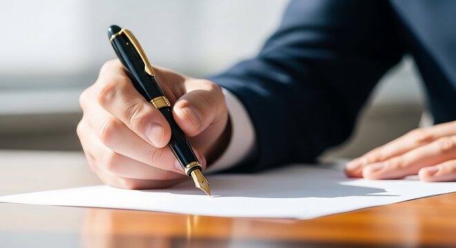 Fountain pen held by executive signing document on wooden desk with sharp focus and bokeh. Natural light illuminates the workspace. Ideal for legal and financial service marketing.