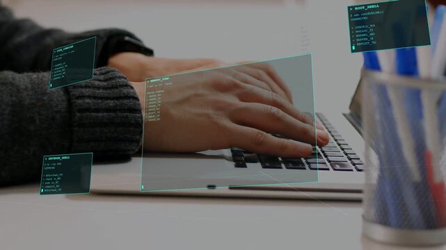 Coder hands typing on laptop first keystroke activating teal HUD panels around hands for debugging