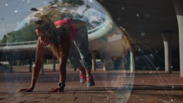 Woman doing knee tucks on brick plaza starting set with globe HUD overlaying body tracking fitness