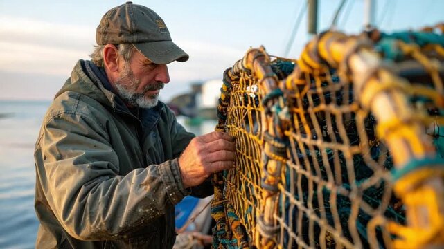 Experienced fisherman mending traditional lobster pot net by the sea