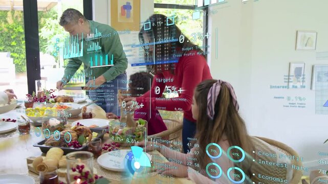 Family serving meal, man carving bird starting serving, woman tossing salad, finance AR overlaying