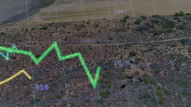 data overlay appearing camera panning green line climbing while labels updating showing land trends