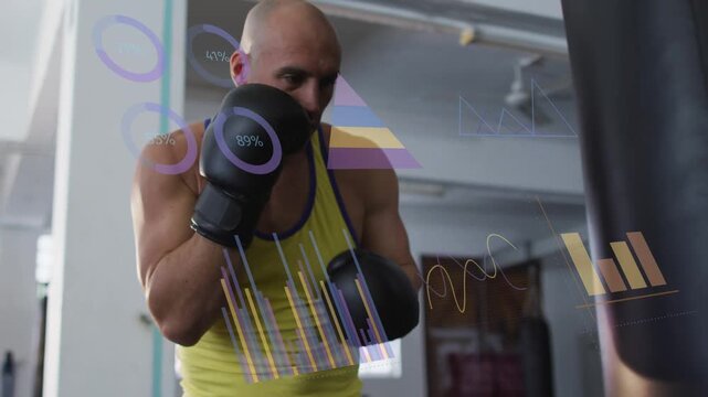 Boxer starting tight guard throwing short jabs and slips at bag, showing data charts tracking power