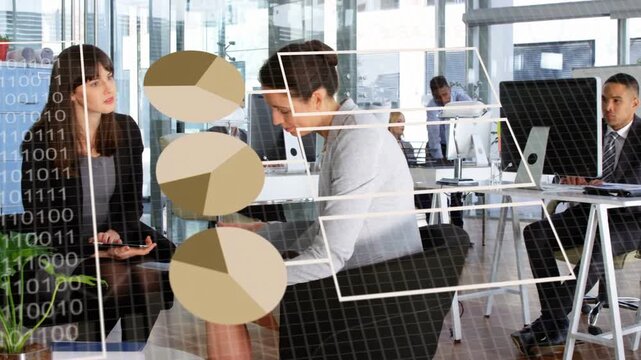 Woman leaning forward showing tablet, animated charts rising from tablet and guiding business data