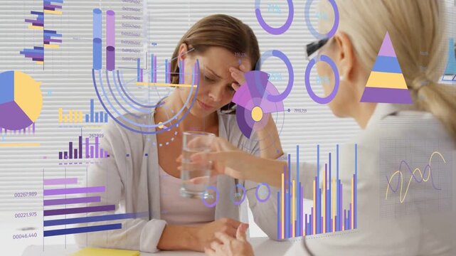 Client showing distress, counselor leaning forward, comforting with glass of water, charts floating