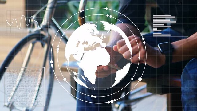 Man sitting on bench holding smartphone, tapping and animating tech HUD globe revealing analytics