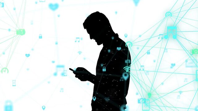 Man scrolling smartphone, spawning teal icon network aligning at torso and visualizing tech data