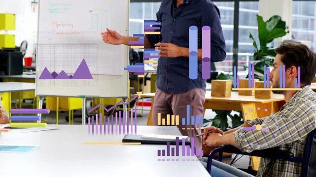 Lead stepping to flip chart, pointing peaks and sparking bar-line overlays showing business trends
