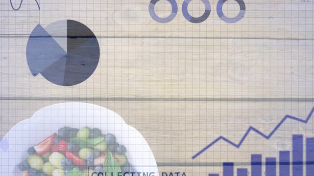 On load data layers revealing salad bowl while charts growing, pie rotating, analysing data