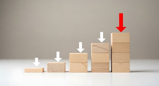 Wooden blocks arranged as a rising bar chart with a prominent red arrow pointing down. Minimalist composition with soft lighting. This image is ideal for corporate finance presentations.
