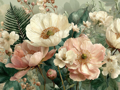 Sage green wedding floral flower botanical pastel poppy artwork with blush blooms and leafy foliage for elegant invitation background