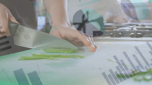 Right hand lowering chef knife starting short rocking cuts while charts growing, showing prep data
