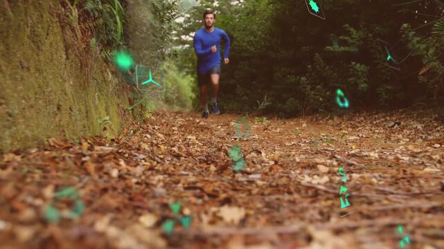 Male runner approaching ground-level trail, causing fitness AR icons shifting and obscuring shoe