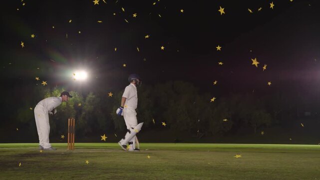 Cricket bowler bowling red ball, batsman swinging bat for runs, fielders appealing, stars falling