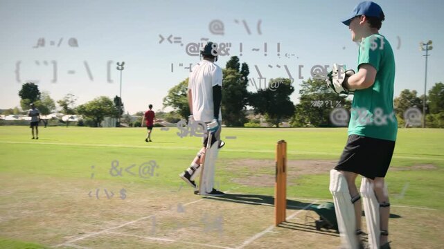 Cricket keeper walking into position as bowler readying runup, overlay lines guiding him to stumps