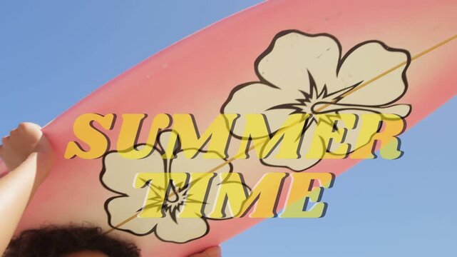 Woman lifting board on camera tilt showing face as SUMMER TIME overlay obscuring subject for travel